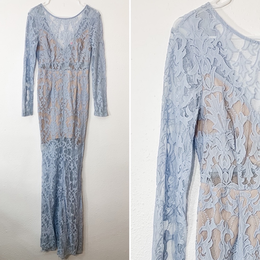 L'atiste Illusion Lace Long blue nude lined dress